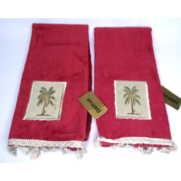 Nwt AVANTI Red Plantation Hand Towels w/ Tassels Set of 2 100% Cotton - Picture 1 of 5